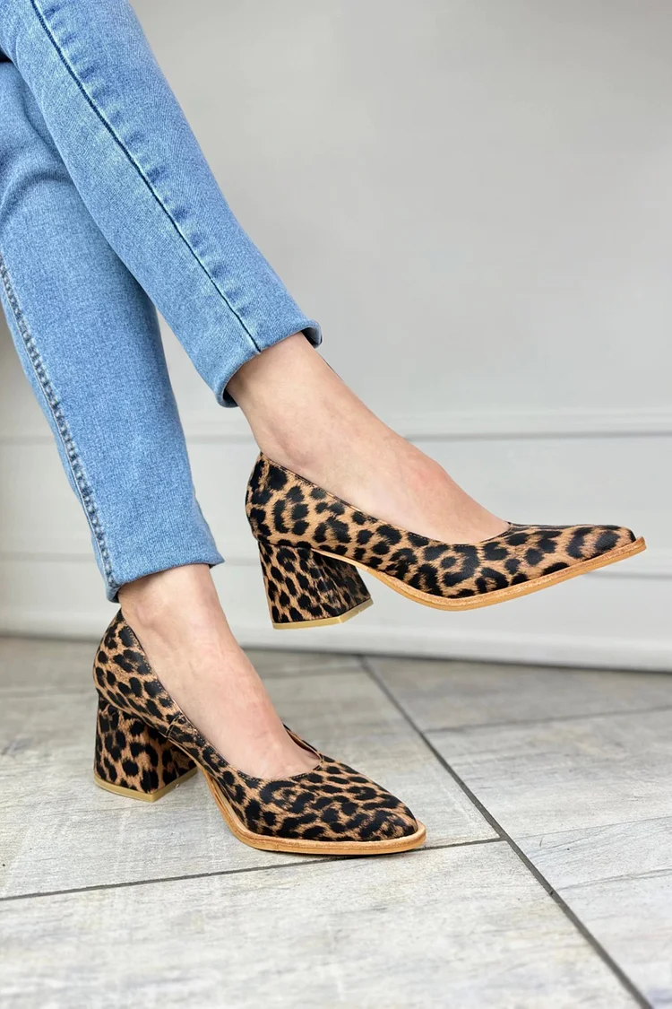 Leopard Print Pointed Toe Brown Chunky Heels [Pre Order]