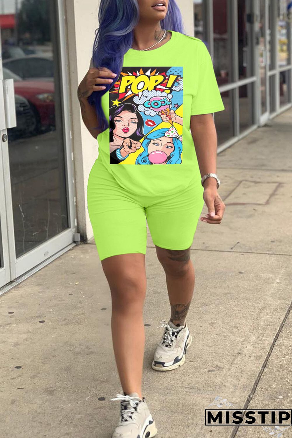 Fluorescent Green Fashion Casual Print Basic O Neck Short Sleeve Two Pieces