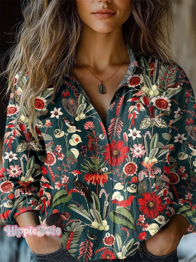 Women’s Retro Floral Print Casual Long Sleeve Comfortable Cotton Shirt Multicolor / S