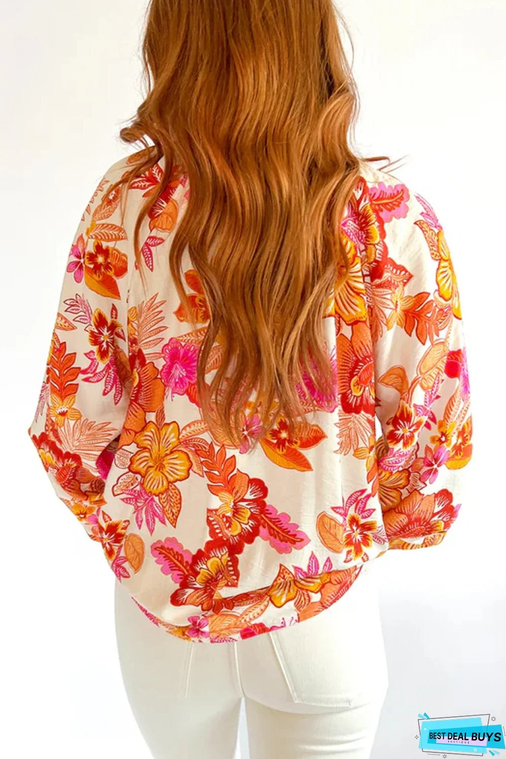Orange Floral Print Pearl Button Keyhole Long Puff Sleeve Blouse