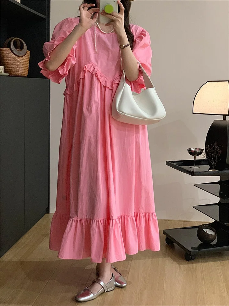 Unique Solid Color Round Neck Patchwork Fungus Edge Puff Sleeve Ruffled Hem Dress  