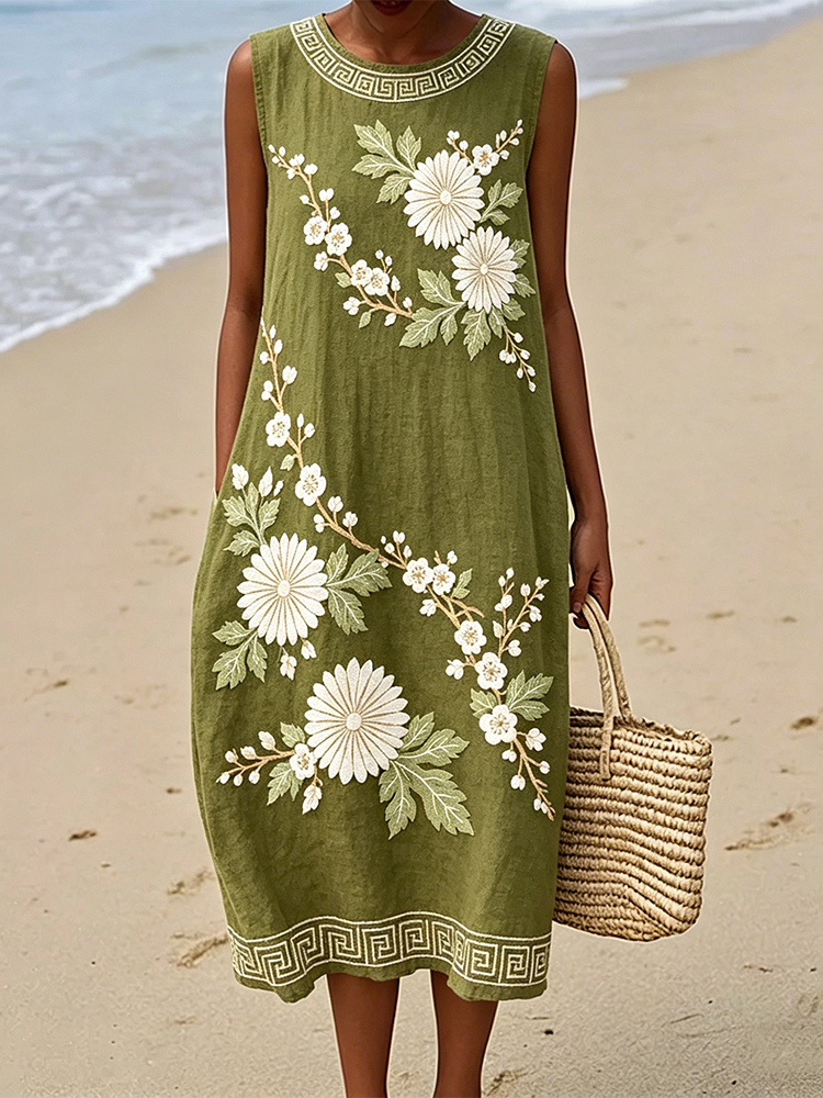 Japanese Chrysanthemum & Cherry Blossom Linen Tank Dress wearshes