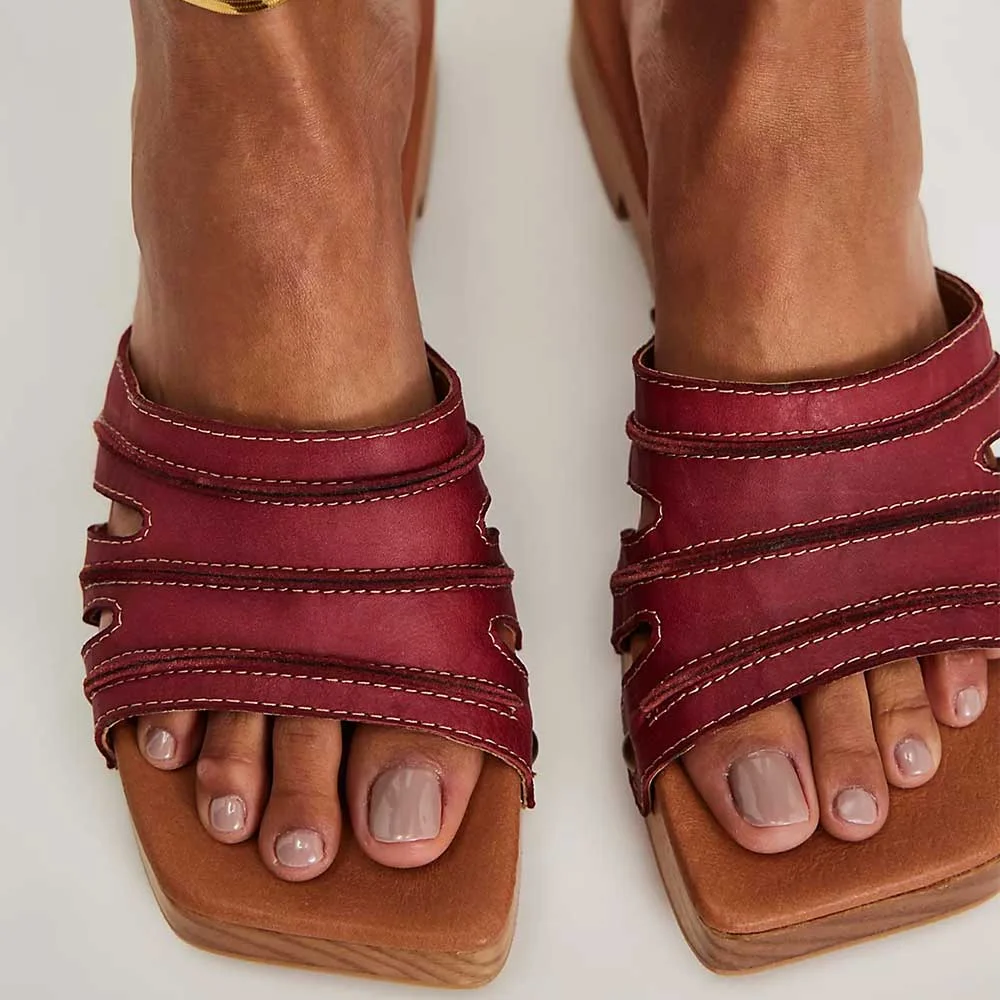 Stylish Red Open-Toe Studded Chunky Heel Platform Slide Sandals