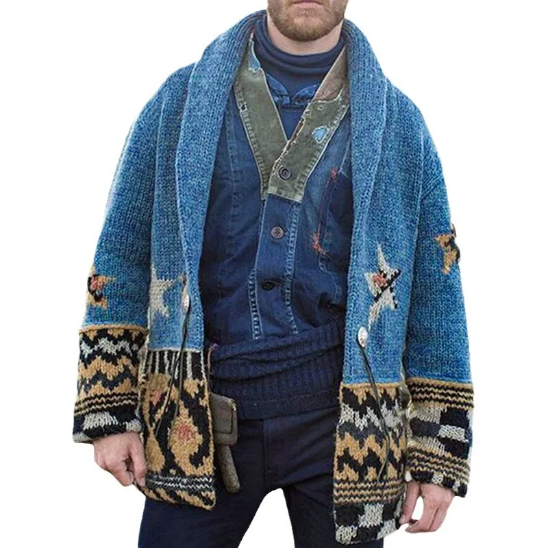 Uveng Uveng Men's Autumn And Winter Jersey Knitted Shirt Collar Long Cardigan Sweater Jacket SY0027