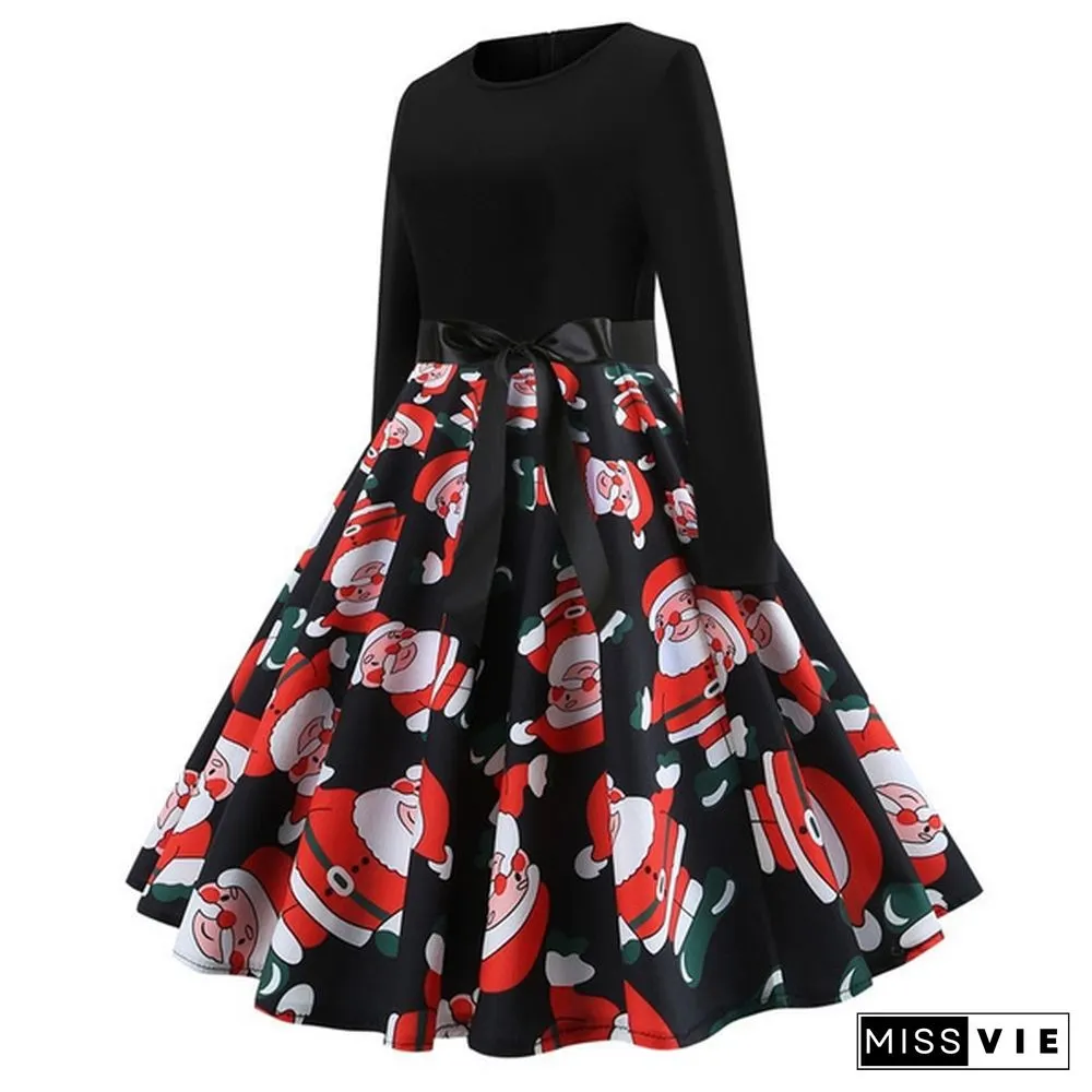 Fashion Women Christmas Swing Party Dress Printing Long sleeve Festival prom belt evening