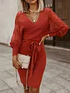 Stylish Hollow Split-Joint Lace Belted V-Neck Knitting Mini Dress