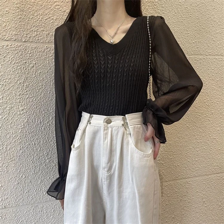 Mongw Mongw Temperament Spliced Chiffon Sleeve Long-Sleeved Top Women's Spring And Autumn New Design Sense Slimming Knitwear