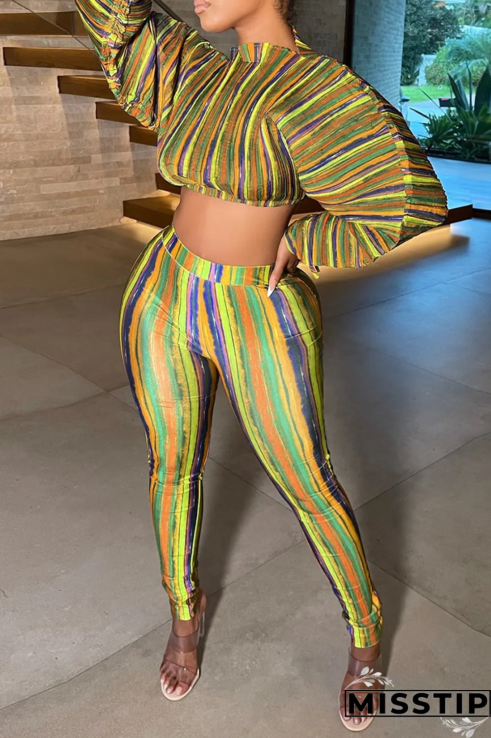 Lake Blue Sexy Striped Patchwork Half A Turtleneck Long Sleeve Two Pieces