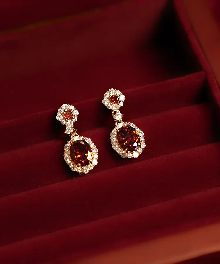Chinese Style Red Copper Overgild Zircon Gem Stone Drop Earrings