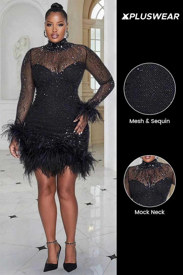 Xpluswear Design Plus Size Cocktail Party Sequin Black Mock Neck Long Sleeve Bodycon Feather Mesh Mini Dresses [Pre-Order]