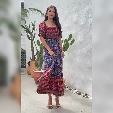 Floral Print Puff Sleeve Dress Summer Bohemian Dress Simple Fashion for Party