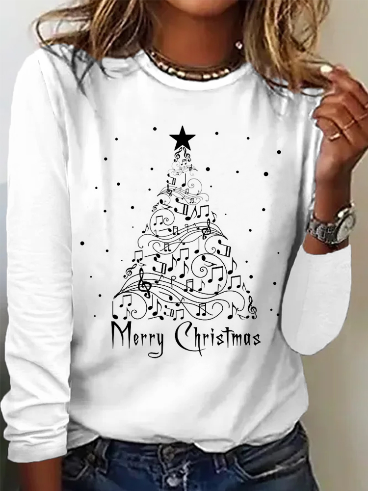 Women's Casual Music Note Christmas Tree Simple T-shirt wearshes