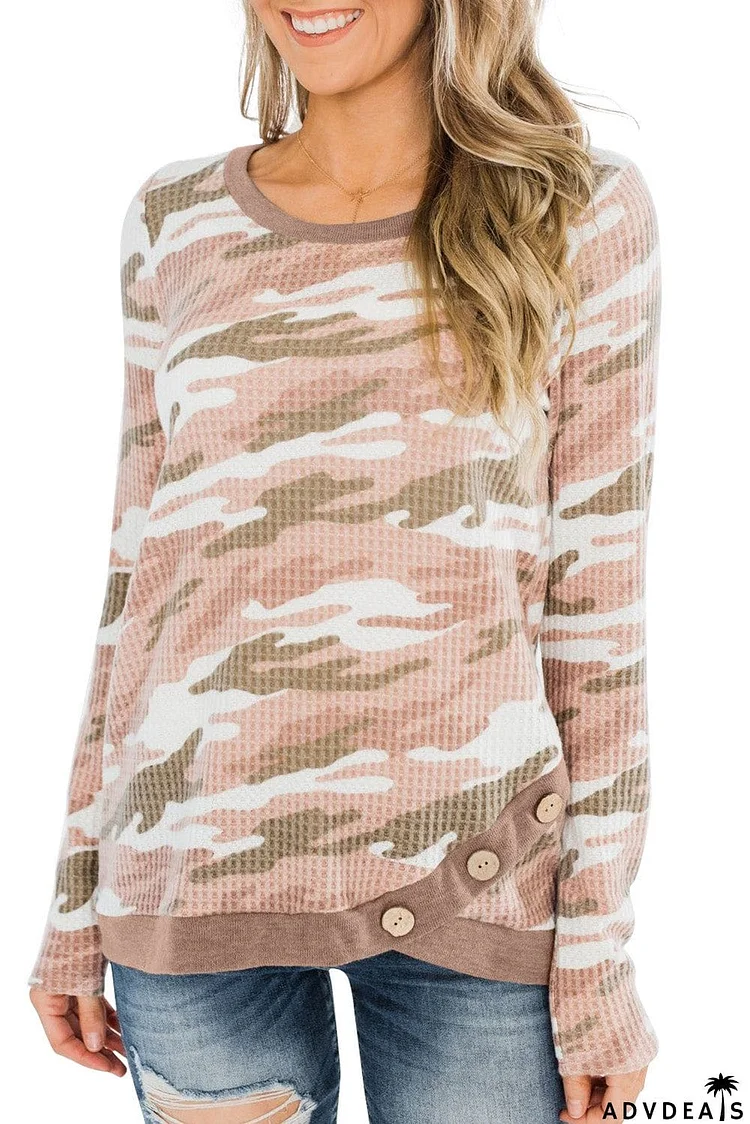 Camo Print Button Waffle Knit Long Sleeve Top