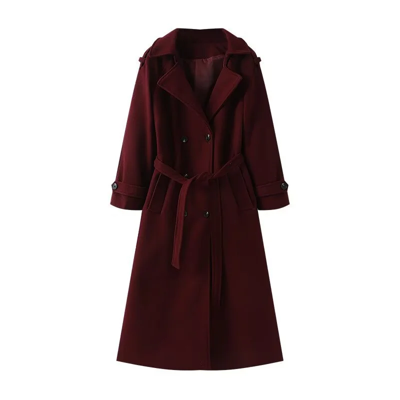 Nigikala Nigikala Autumn New Female Retro Leisure Double Buckle With Belt Long Hair Coat