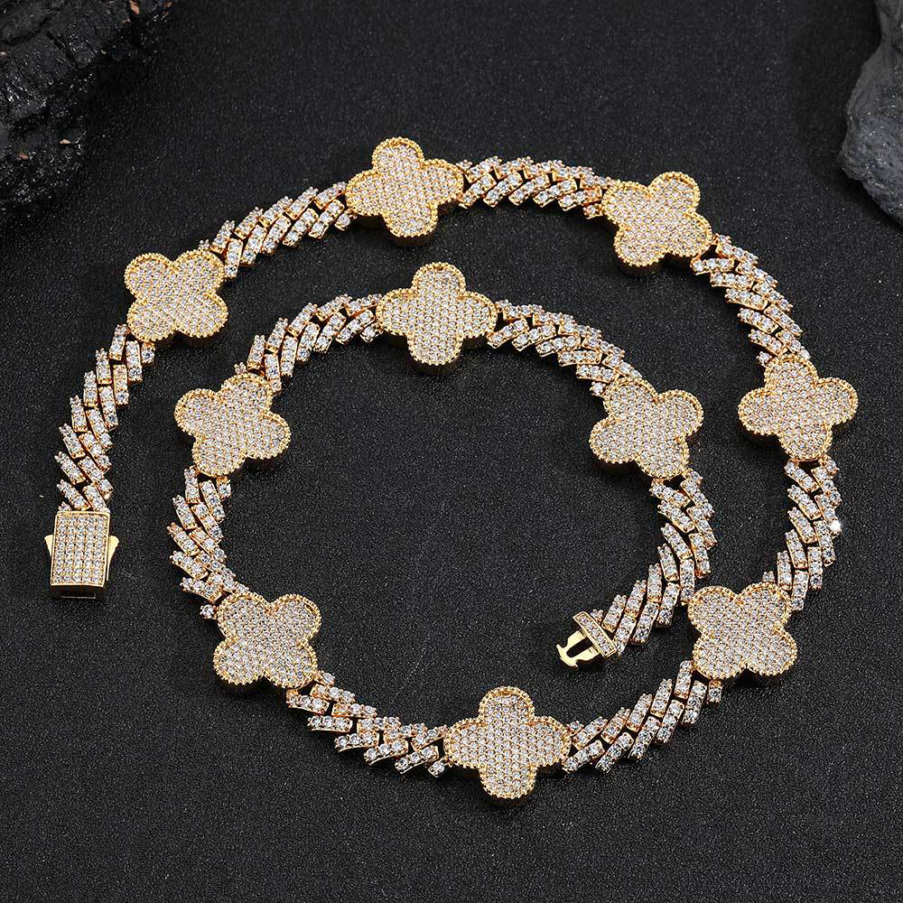 Four-leaf Clover Spring Clasp Iced Out Bling CZ Stone Cuban Chain