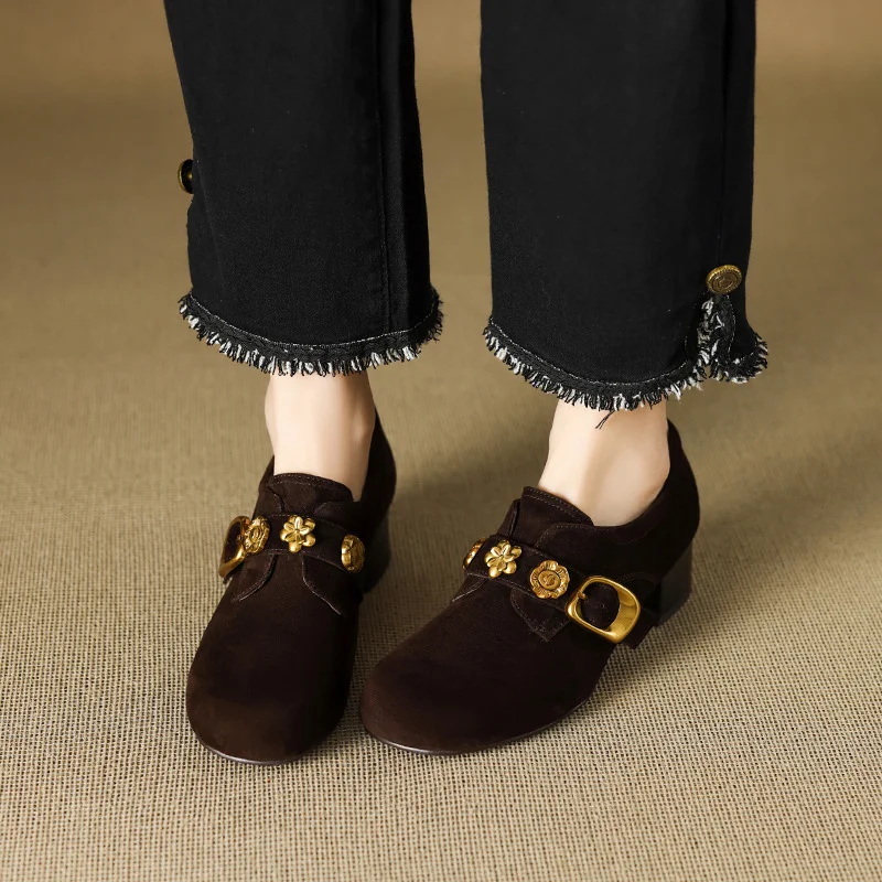 Breakj Breakj Look! Scrub Retro Gold Buckle Coarse Heel Lefu Single Shoes Women Heel Grandmother Shoes