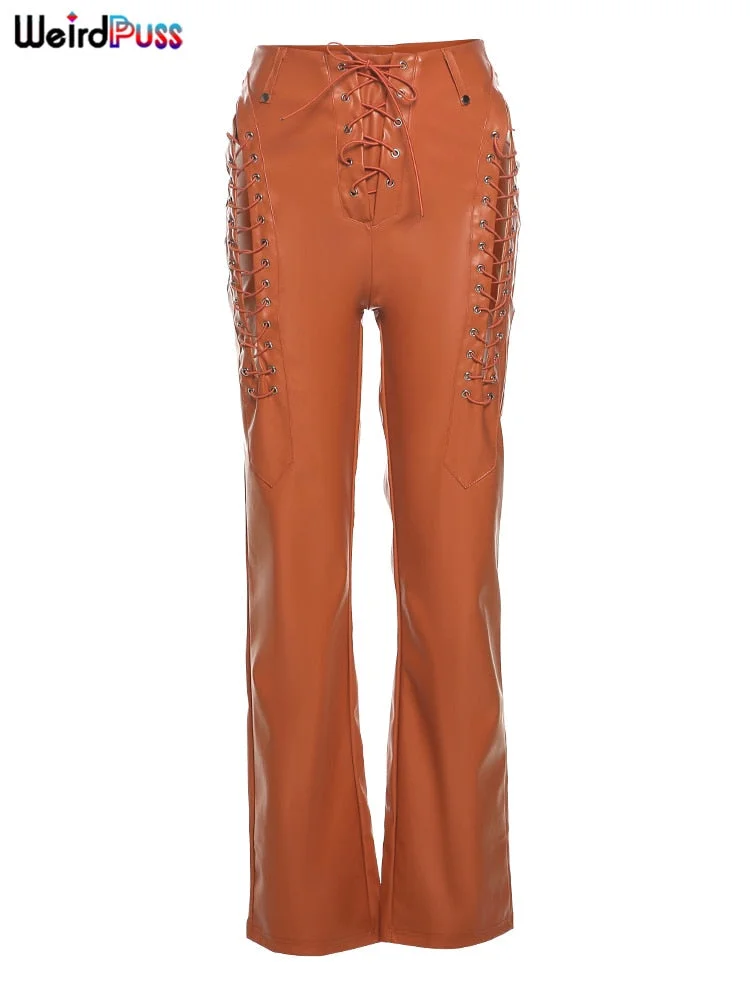 Weird Puss Faux Y2K Leather Pants Women Chic Hollow Out Bandage Sexy Summer Trend High Waist Trousers Wild Streetwear Bottoms