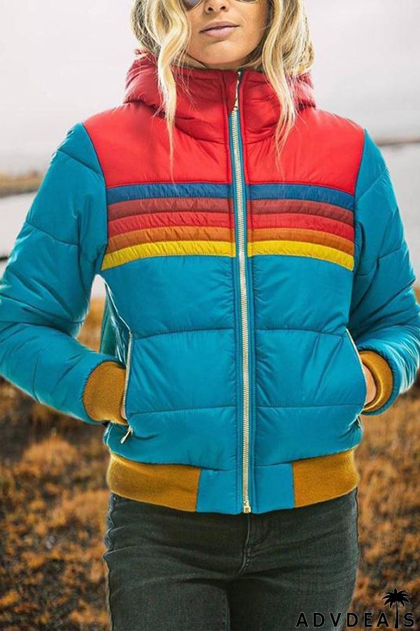 Winter Casual Patchwork Zippered Hooded Pocket Long Sleeved Coat