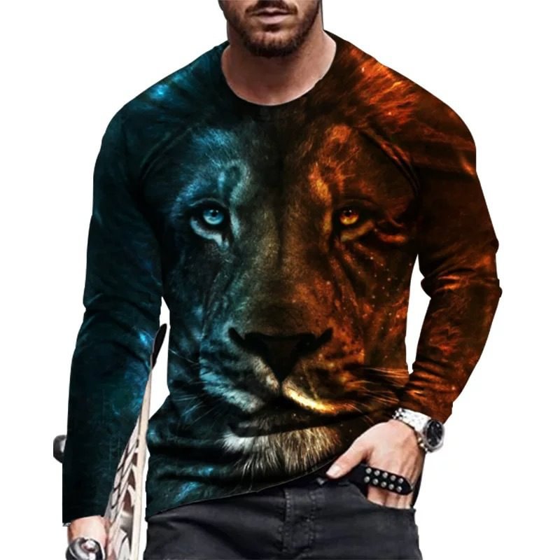 3D Print Lion Animal Casual Print Long Sleeve Men's T shirts-VESSFUL