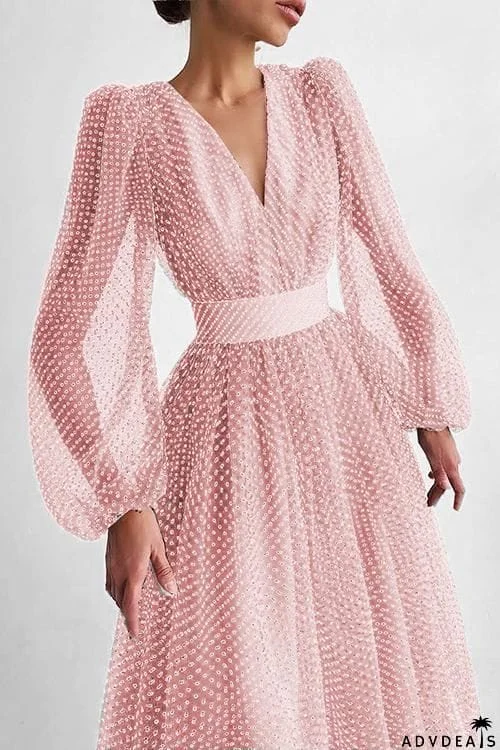 V Neck Puff Sleeve Maxi Dress