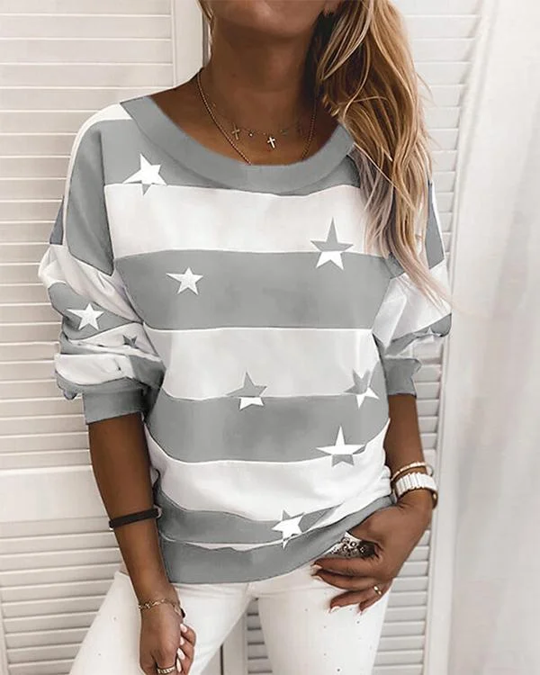 Stripe Star Print Casual Round Neck Daily Sweatshirt