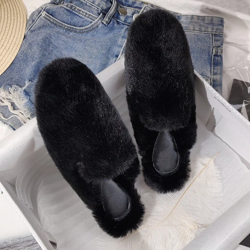 Women Mules Fur Slippers Home Winter Shoes Plush Female Fashion Warm Comfort Couple Flats Shoe Ladies Plus Size Elegant Luxury