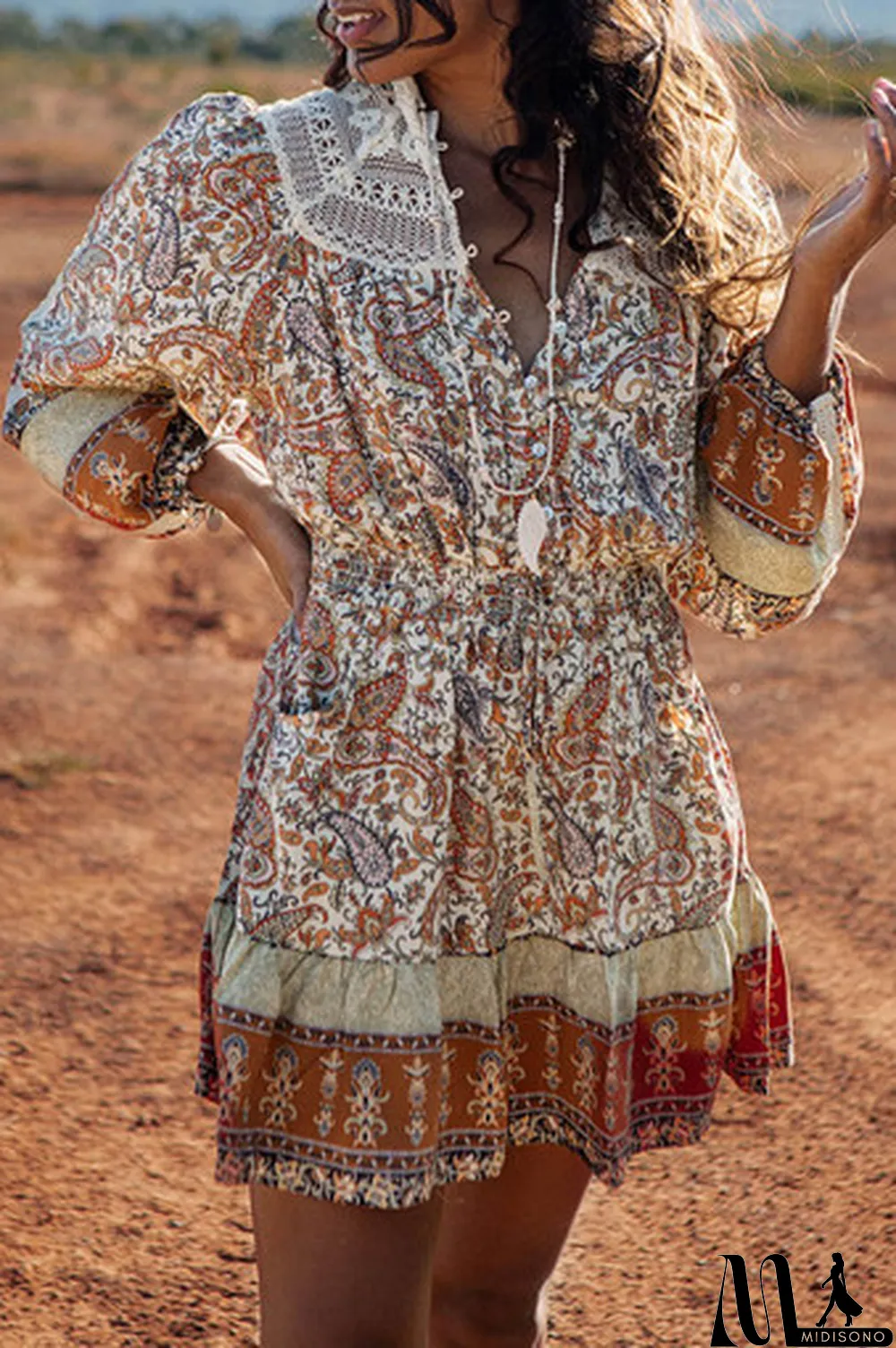 MidiSono - Multicolor Lace Splicing Split Neck Paisley Ruffle Mini Dress