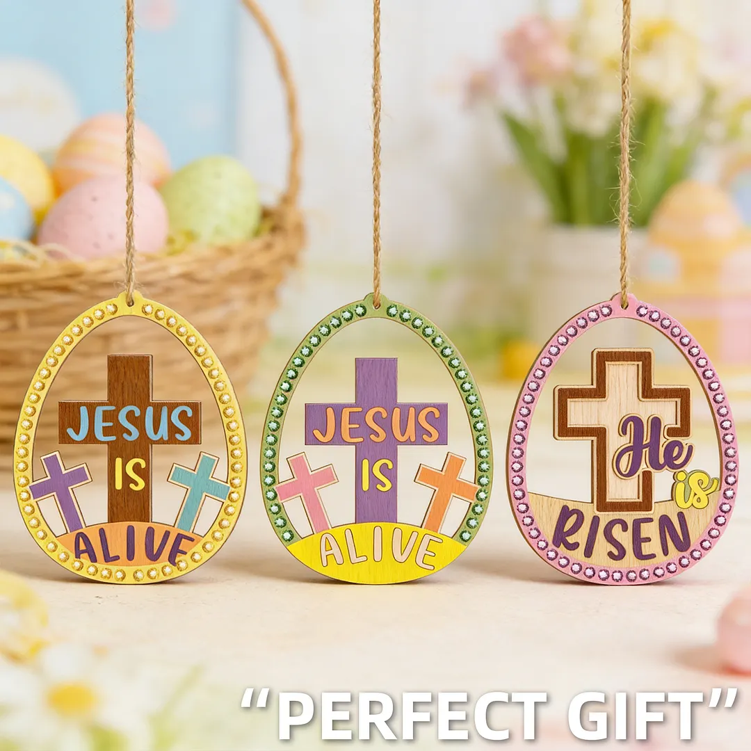 10Pcs Easter Cross DIY Unfinished Graffiti Wooden Pendant Wood Graffiti Crafts Hanging Ornaments for Living Room Office Party Decoration