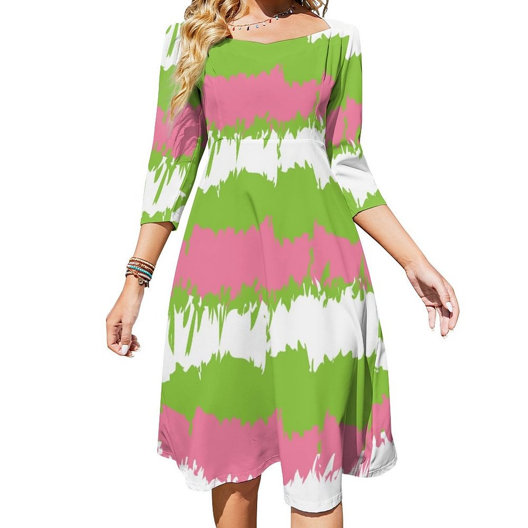 Pink And Green Artistic Workout Gear Dress Sweetheart Tie Back Flared 3/4 Sleeve Midi Dresses