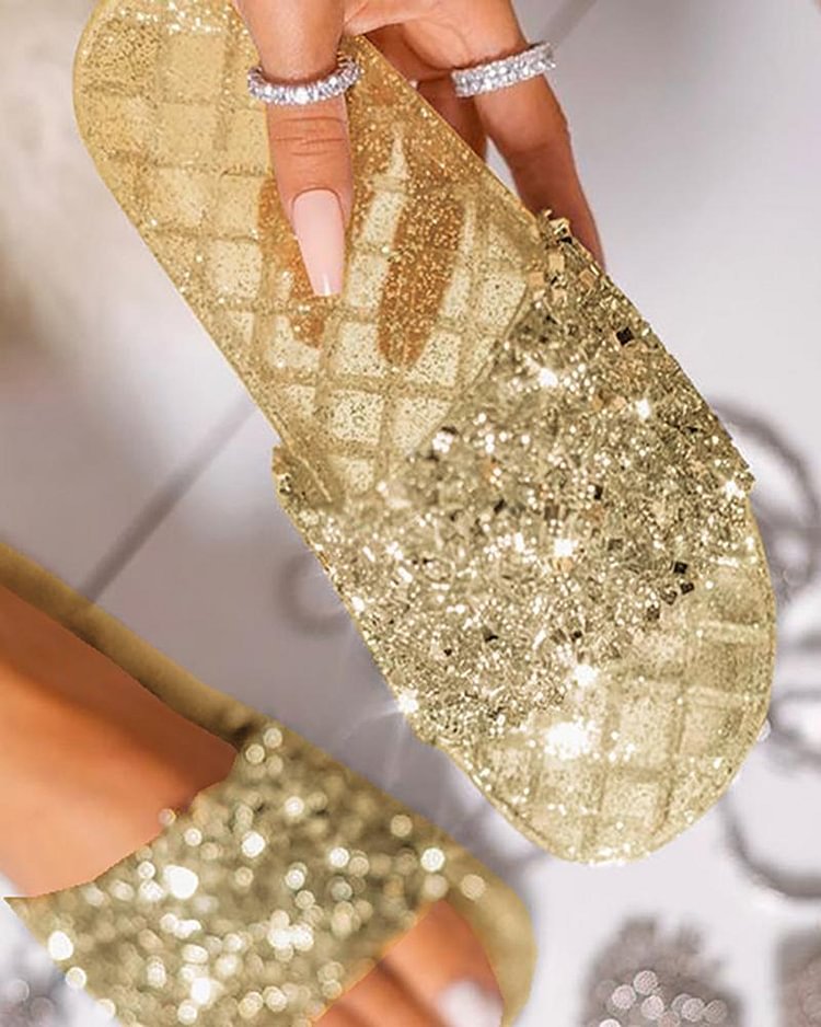 Open Toe Glitter Studded Flat Sandals