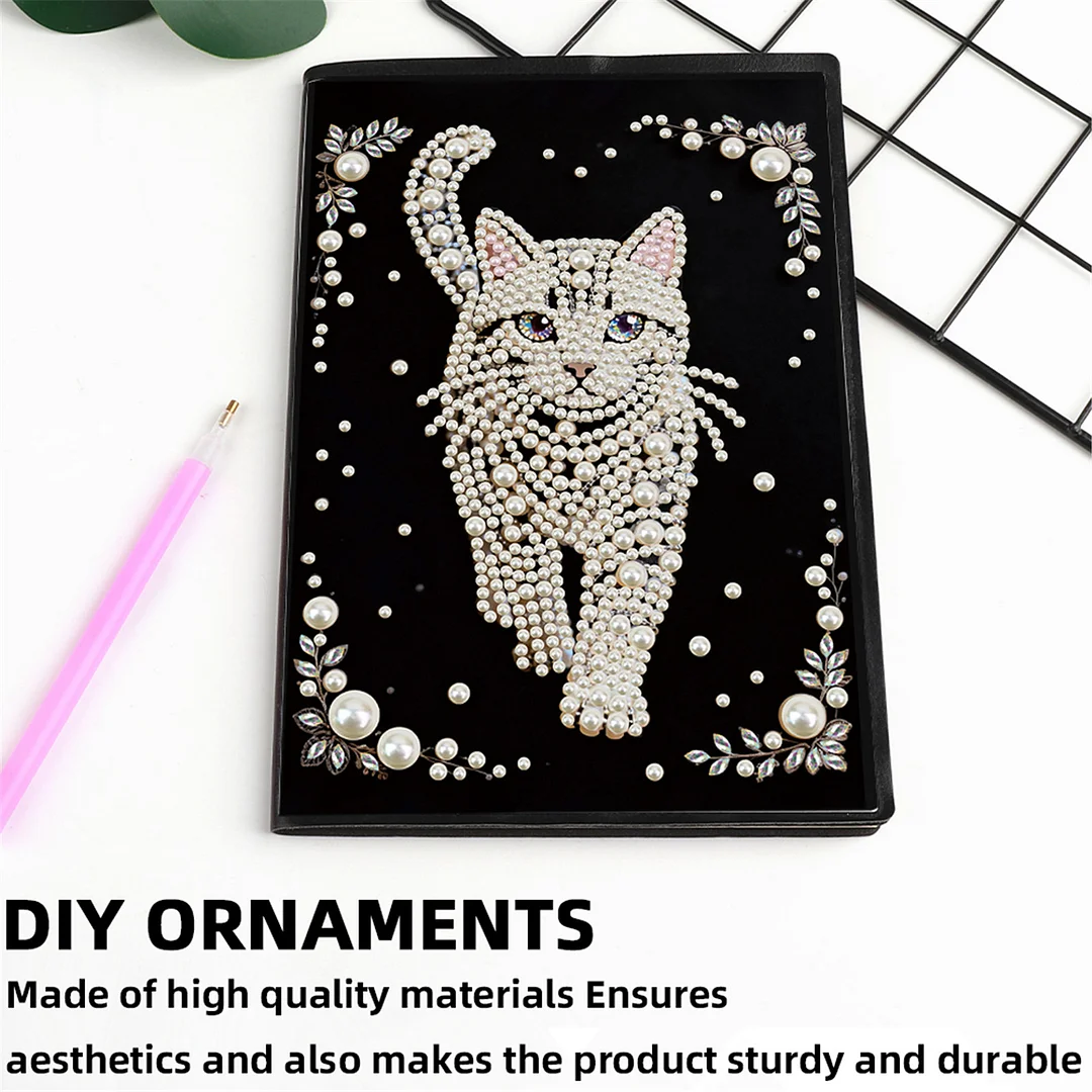 Cat Partial Pearl DIY 50 Pages A5 Diamond Painting Notebook Special Shaped Diamond Art Diary Book Kits Wireless Strip 5D Crystal Art Paintings Sketchbook for Art Drawing