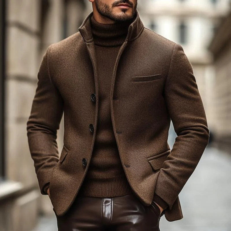 Men's Vintage Wool Blend Stand Collar Single Breasted Slim Blazer