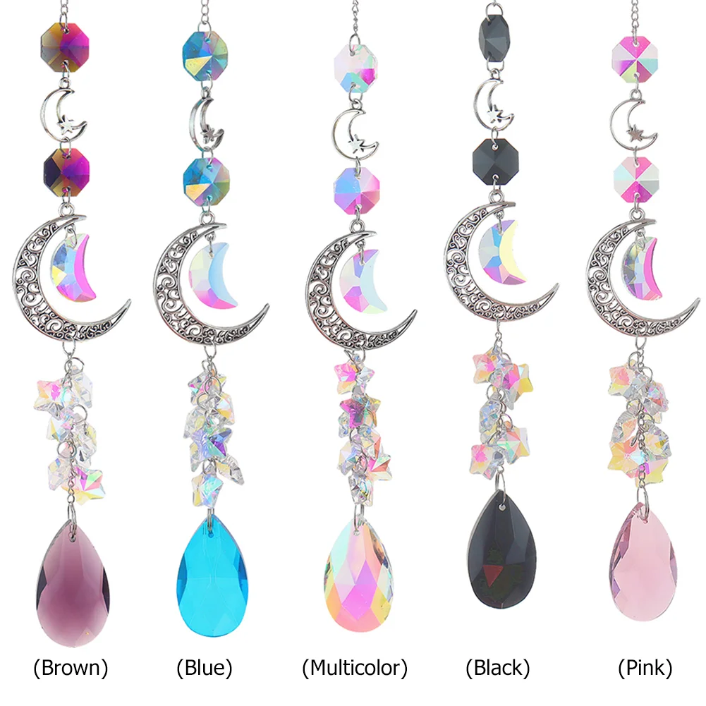 Crystal Diamond Wind Chimes Metal Hexagon Star Moon Hanging Ornaments Decor