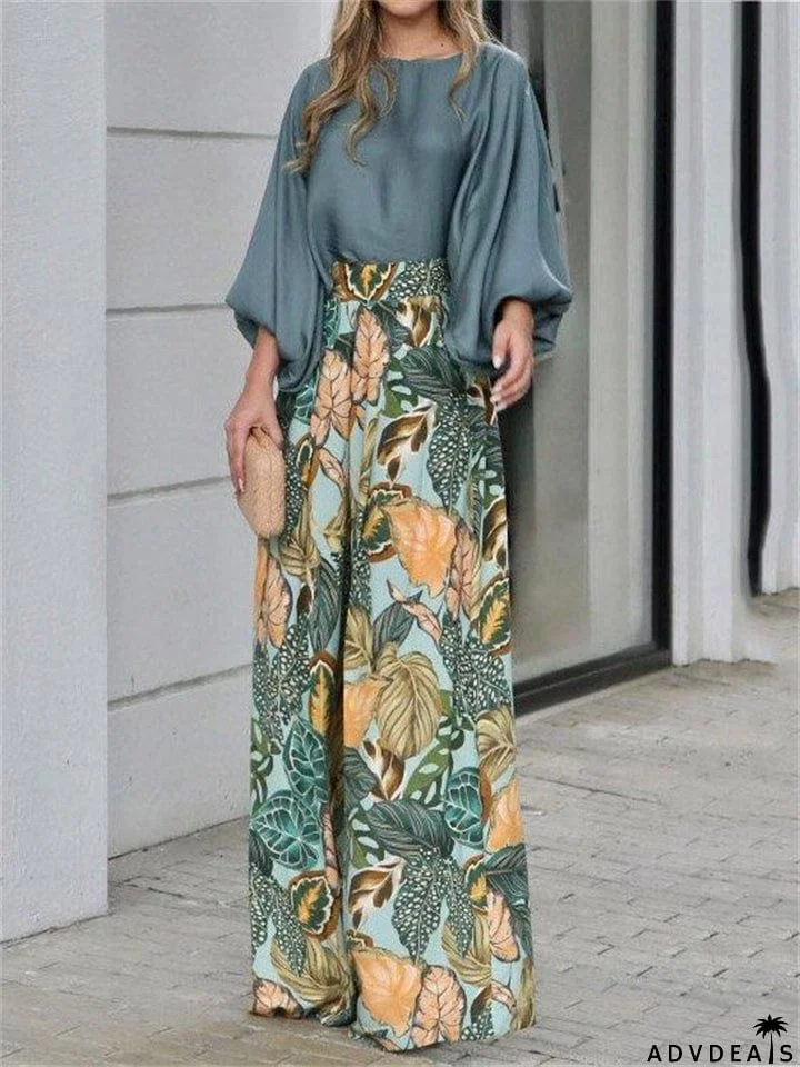 Female New Lantern Sleeve Tops Printed Wide Leg Pants Set