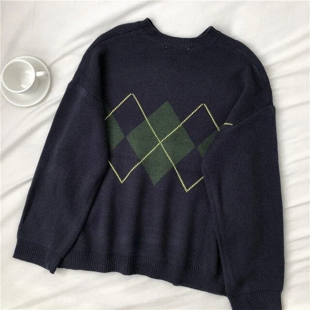 Korean Sweaters Women Argyle Pullovers Winter Geometric Pattern Tops Ladies Casual Oversized  Knitted Sweaters Pull Femme 2021