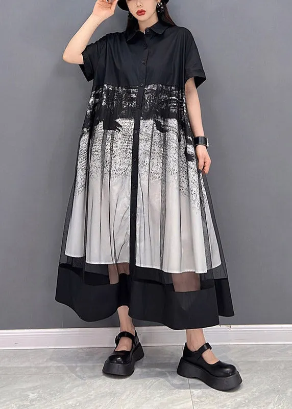 TrendAura Black Tulle Patchwork Shirt Dress With Ruffles For Women Effortless Summer Wardrobe
