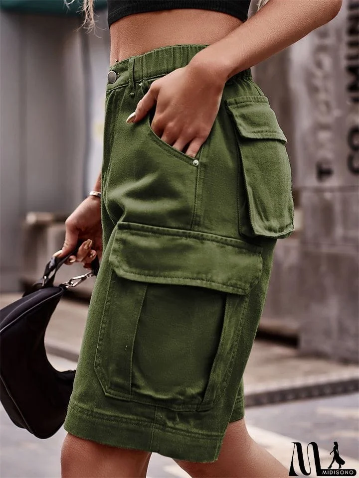 MidiSono - Fashionable Cozy Elastic Short Cargo Pants for Ladies