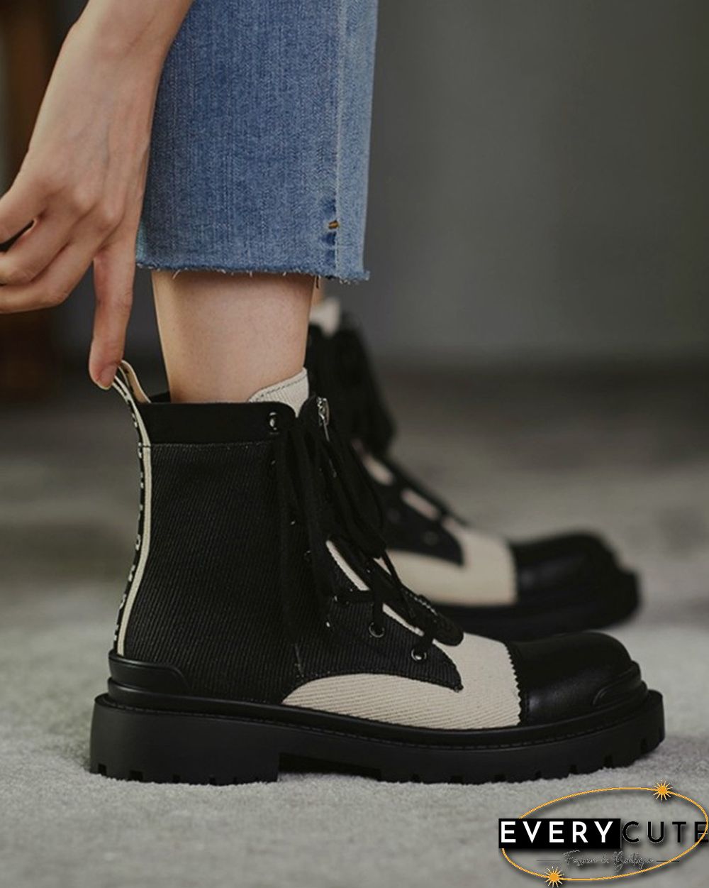 Color Patchwork Round-toe Lace-up Boots