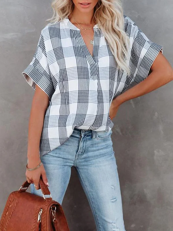 Women's Short Sleeve V-neck Plaid Printed Top