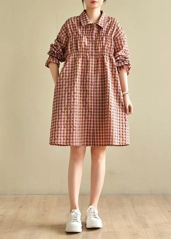 Natural Pink Plaid Cotton Cinched Spring Dresses