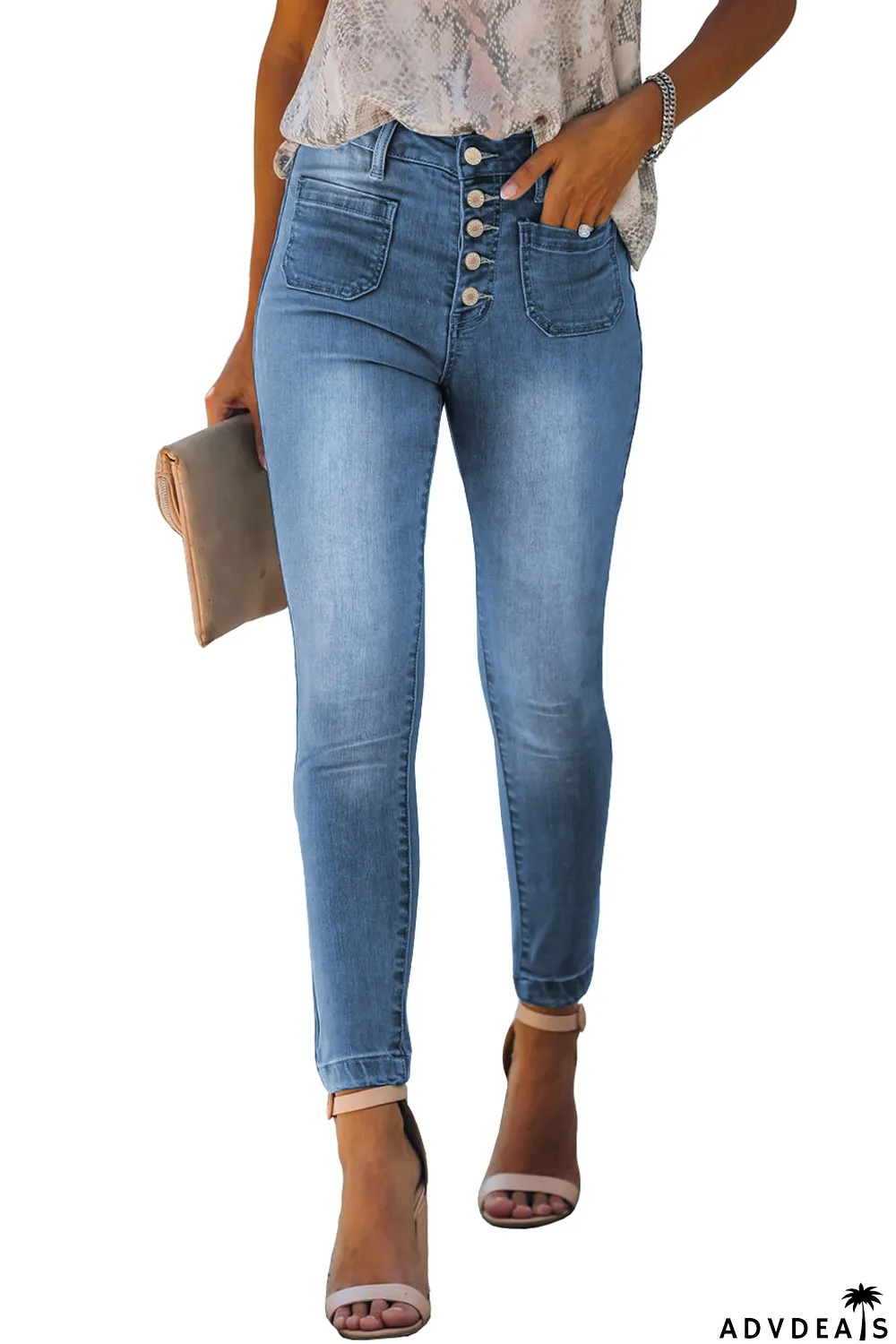 Dark Blue Button Fly Skinny Jeans with Pockets