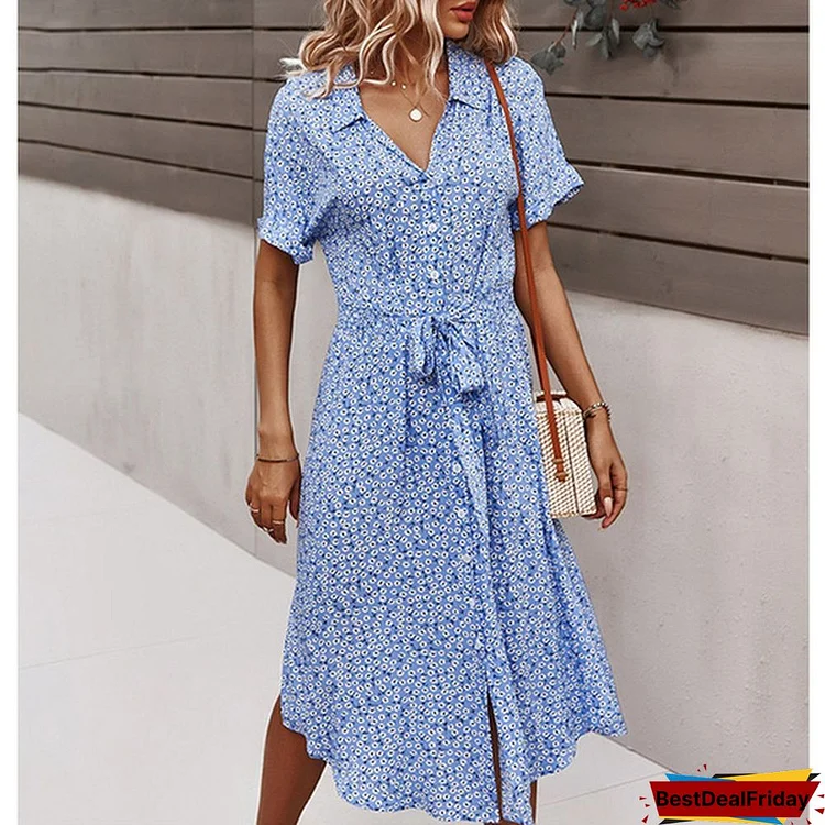 Dresses for Women Casual Fashion Short Sleeve V Neck Button Up Tunic Bandage Shirt Dress Floral Printed Summer Holiday Style Beach Sun Dress