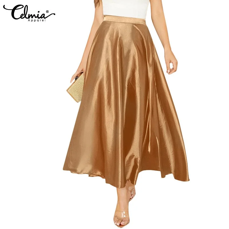 Celmia Women High Waist Satin Skirts 2022 Fashion Elegant Party Maxi Skirt Pleated Casual Solid Color A-line Skirt Streetwear