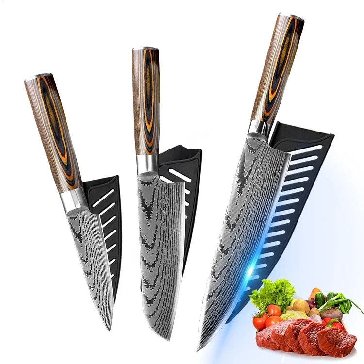 3PCS Kitchen Knife Set,Damascus Laser Japanese Chef Knives with Covers,Ergonomic Wooden Handle Slicing Knife for Meat Vegetable Cooking