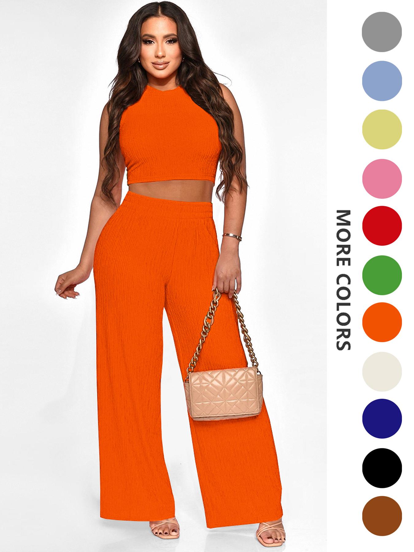 Two-Piece Set Women's Solid Textured Knit Fabric Co-ord Set Suits, Casual Round Neck Crop Tank Top & High Waist Wide Leg Pants Set, Ladies Summer Fit Clothes for Daily Wear, Womenswear Two-Piece Set Women's Solid Textured Knit Fabric Co-ord Set Suits, Casual Round Neck Crop Tank Top & High Waist Wide Leg Pants Set, Ladies Summer Fit Clothes for Daily Wear, Womenswear