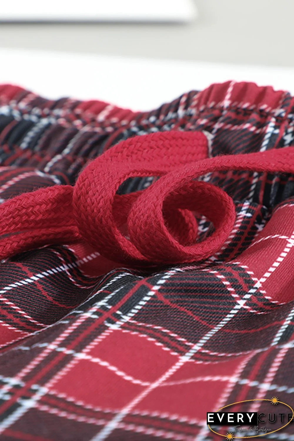 Solid Long Sleeve Top and Plaid Pants Loungewear