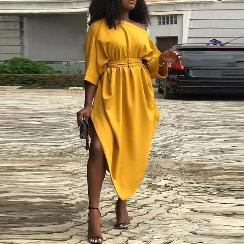 Office Dress Women Sexy Off Shoulder Dress 2022 VONDA High Waist Solid Asymmetrical Party Sundress Casual Midi Vestidos Belted