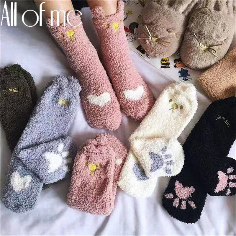 Winter Thicken Warm Women Socks Cute Cat Paw Cartoon Colorful Lovely Sleeping Home Floor Bedroom Socks Harajuku Kawaii Girl Sox
