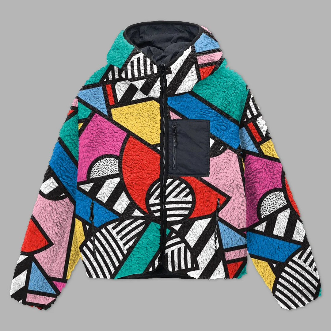 Geometric Contrast Sherpa Hooded Jackets