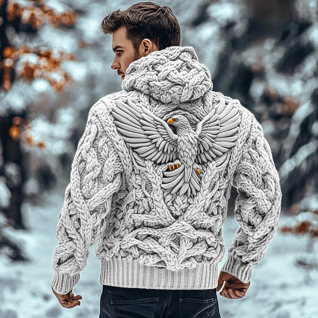 Men's Viking Tribal Eagle Celtic Chunky Knit Hooded Sweater